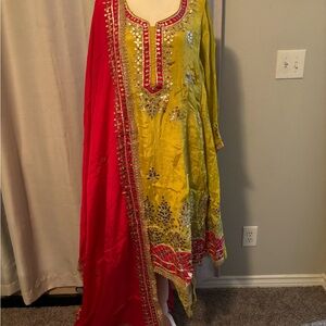 Elegant Yellow and Red Anarkali Dhoti